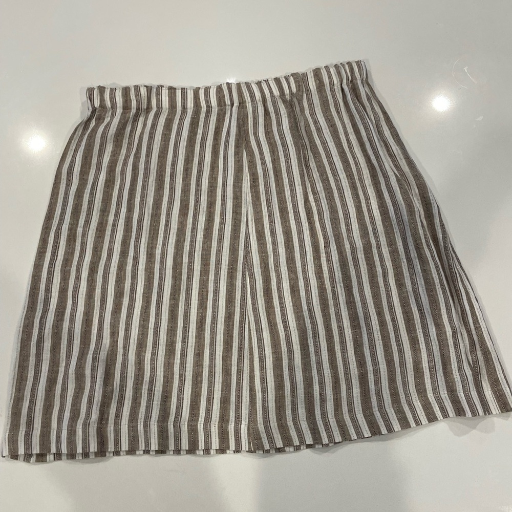 100% Linen Brown Beige and White Striped A Line Skirt Coldwater Creek Size L/14